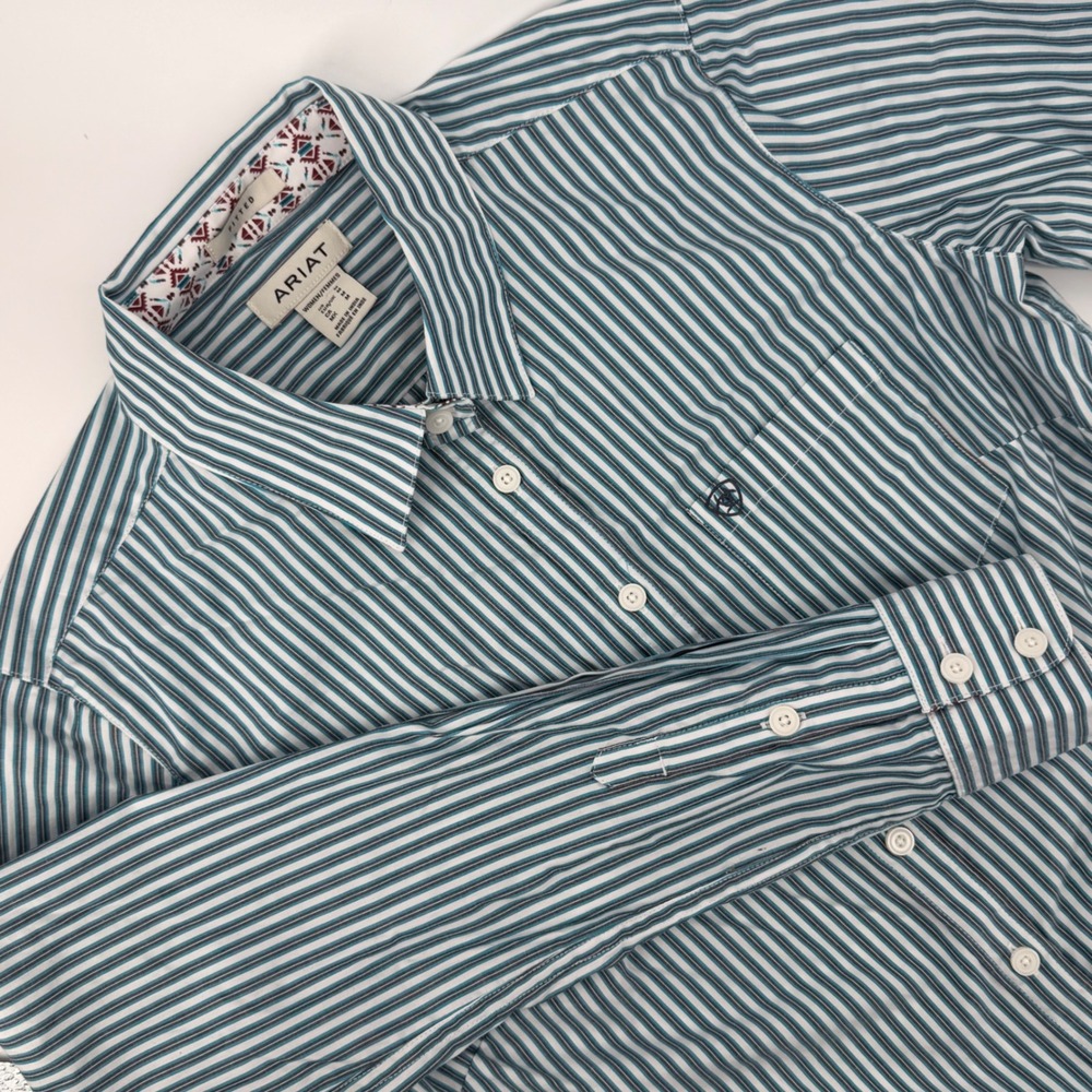 Ariat Womens Fitted Long Sleeve Button Down Striped Western Shirt Teal White M
